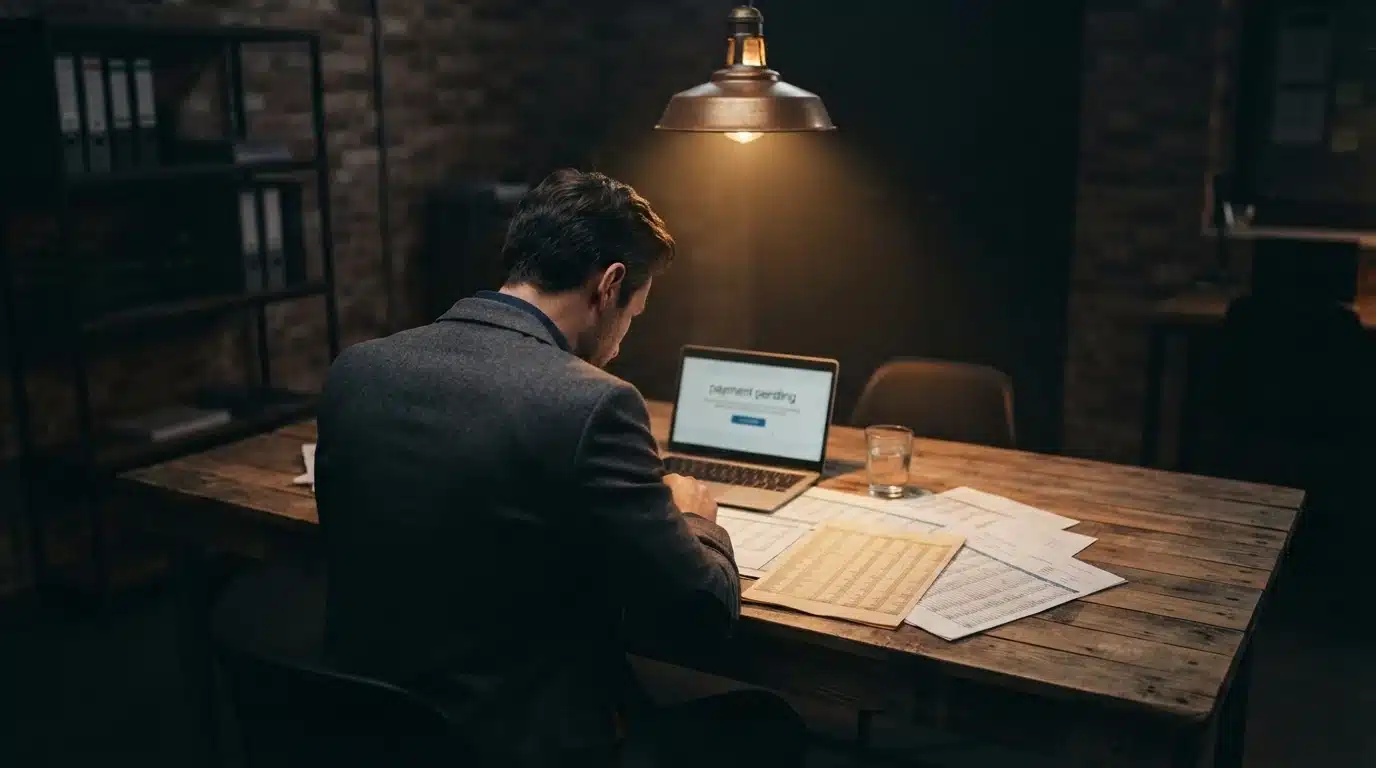 A person reviewing financial spreadsheets and a 'payment pending' laptop screen in a dramatically lit, industrial office, symbolizing the economic impact of a shutdown.