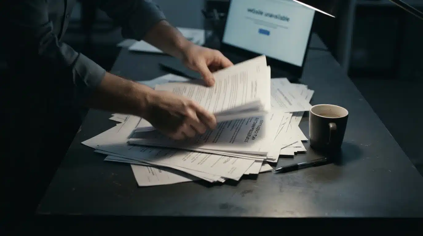 A close-up shot of hands frantically reviewing shutdown procedure memos on a cluttered desk, with a laptop showing an error message, under dramatic side lighting.