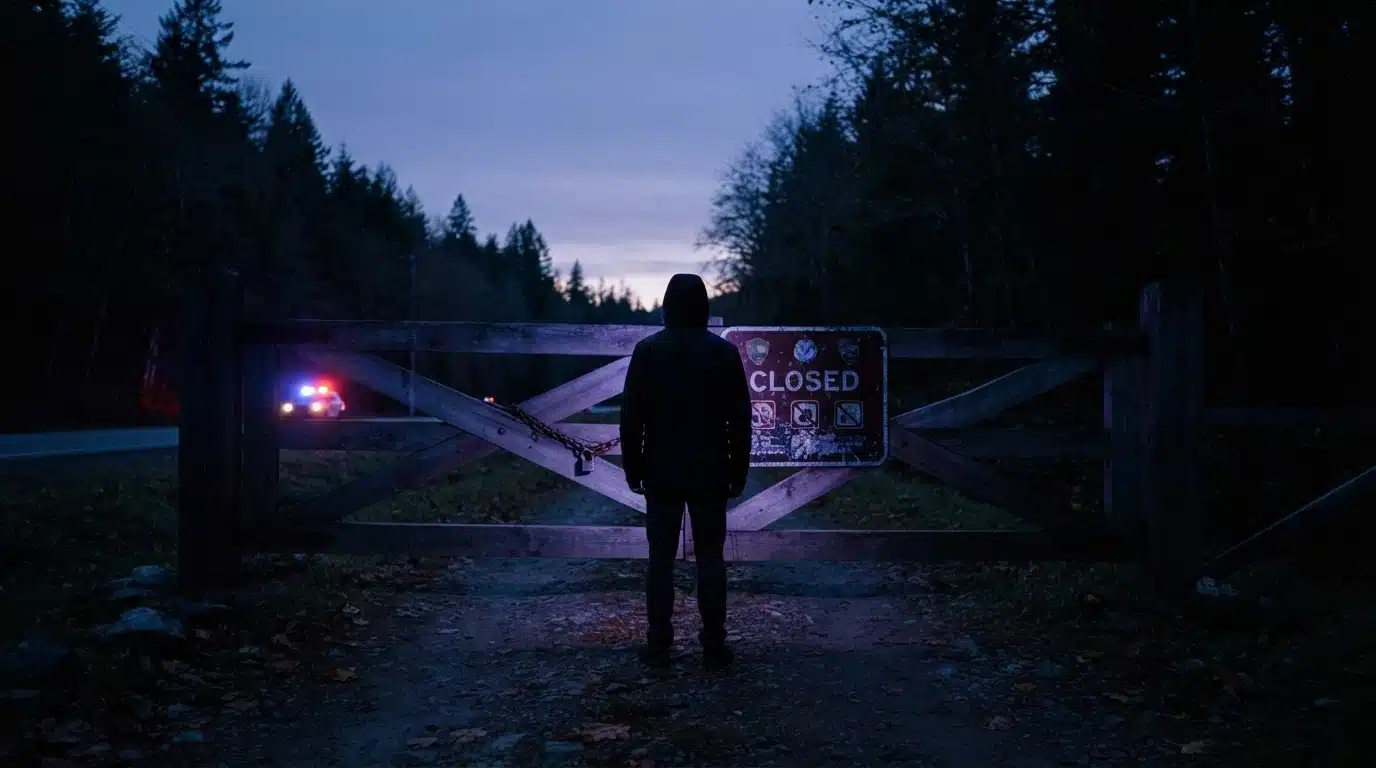 A person silhouetted against a closed national park entrance gate at dusk, with an illuminated 'CLOSED' sign, showcasing the impact of a federal shutdown.
