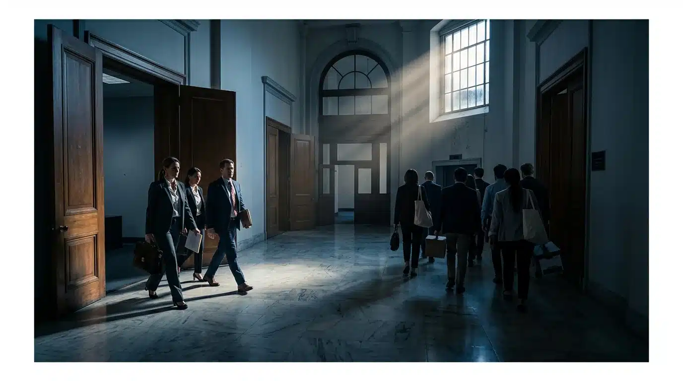 A professional photograph depicting a stark government office hallway during a shutdown, with essential workers moving purposefully and non-essential workers leaving under dramatic chiaroscuro lighting.