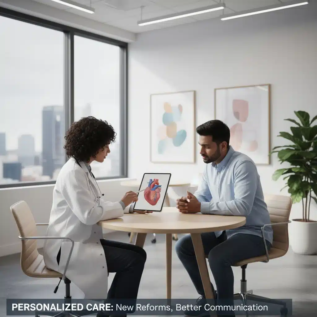 Doctor explaining health plan to patient in modern clinic