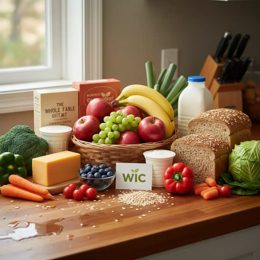 Assortment of healthy WIC-approved foods on a counter.