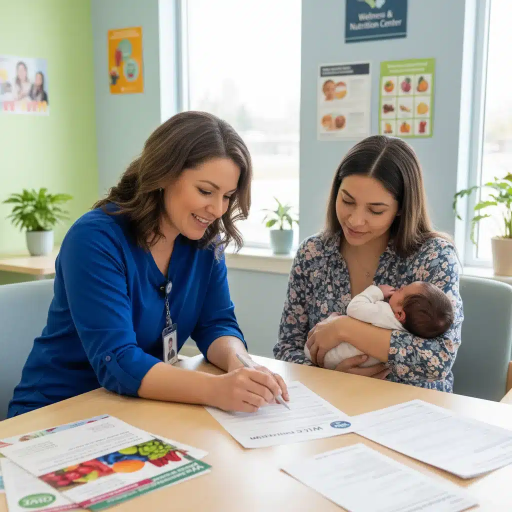 Community health worker assisting a mother with WIC enrollment.